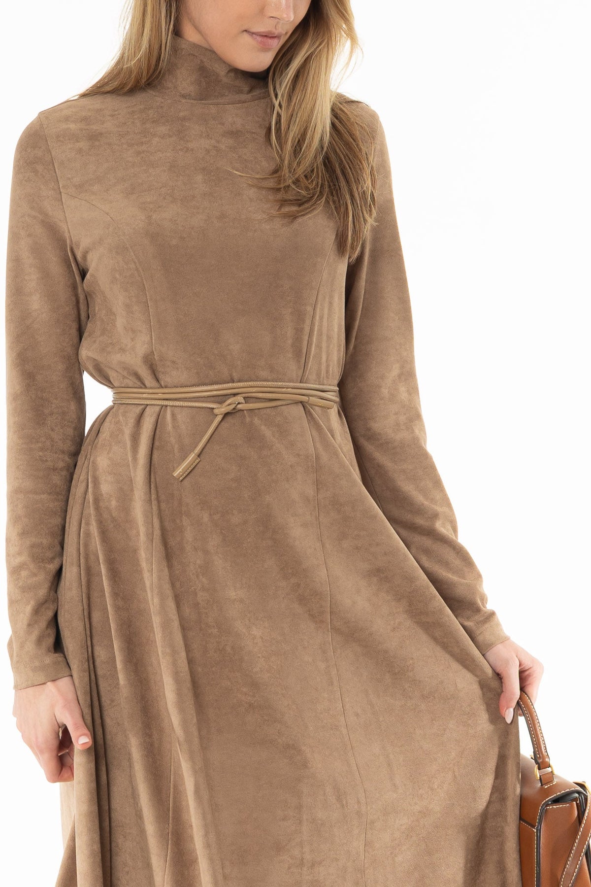 CHITHELABEL - Tan Suede Seam-Detail Flared Maxi Dress