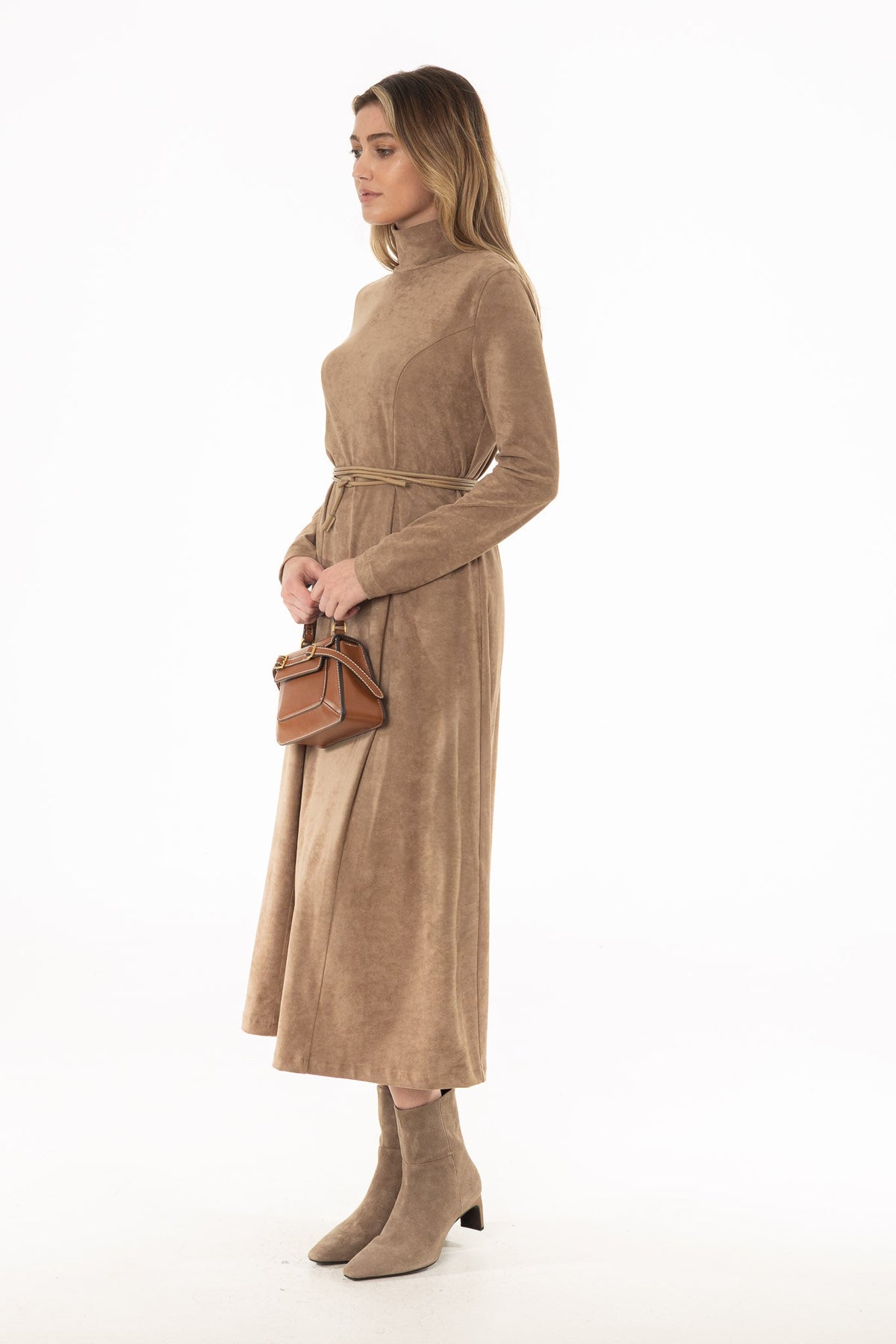 CHITHELABEL - Tan Suede Seam-Detail Flared Maxi Dress