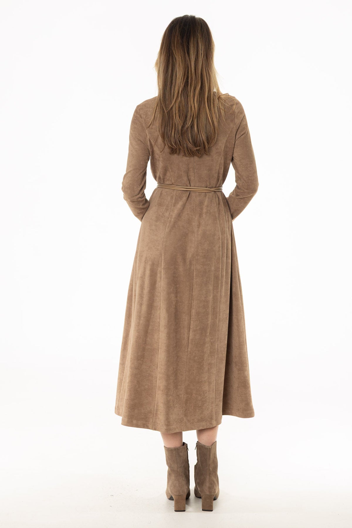 CHITHELABEL - Tan Suede Seam-Detail Flared Maxi Dress