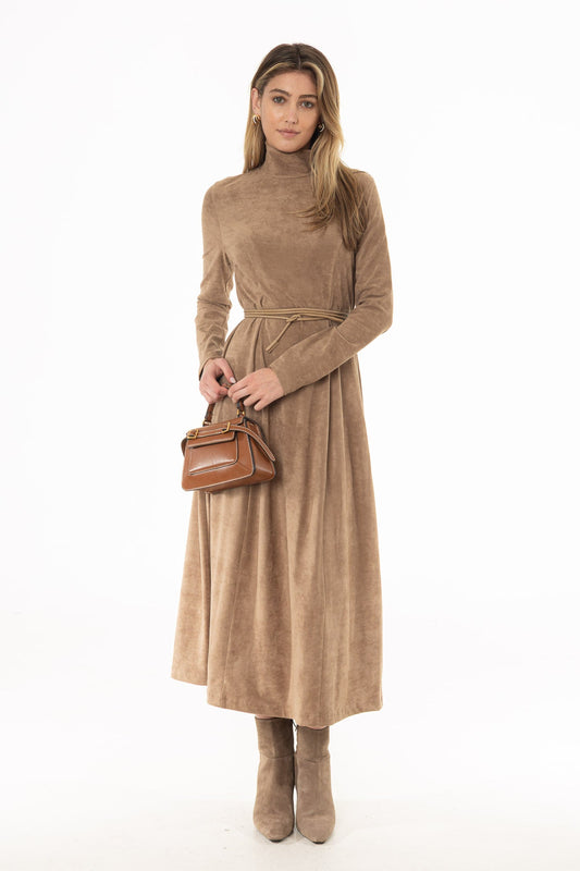 CHITHELABEL - Tan Suede Seam-Detail Flared Maxi Dress