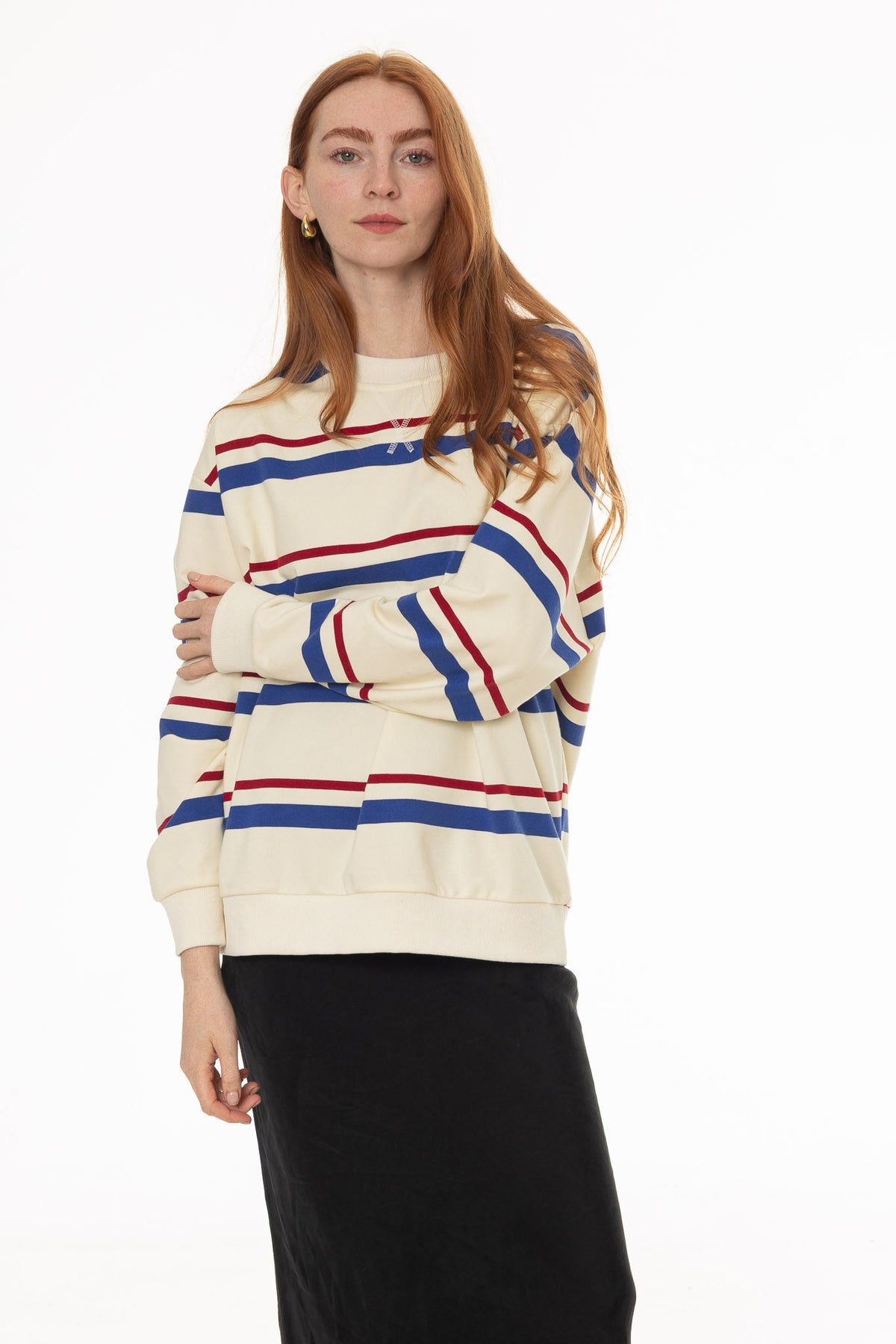 CHITHELABEL - Striped Crew Neck Sweatshirt in White