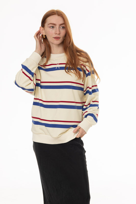 CHITHELABEL - Striped Crew Neck Sweatshirt in White
