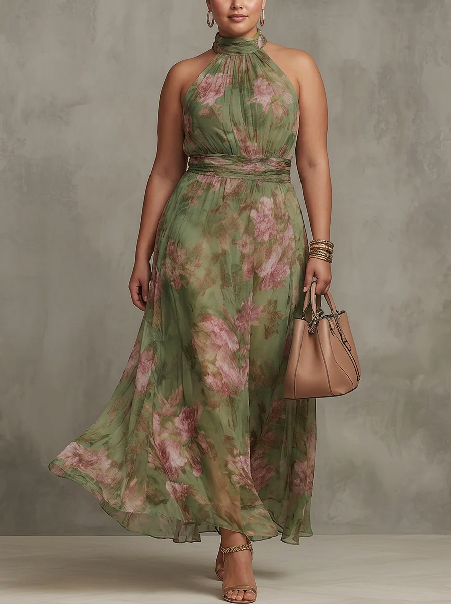 Amity | Green Floral Chiffon Halter Maxi Dress