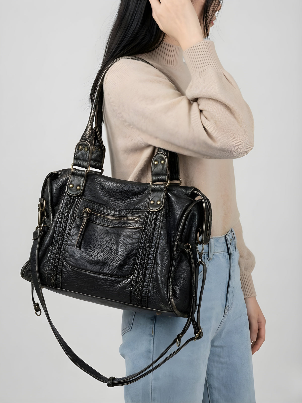 black handbag for school with zipper pockets | PALERMO