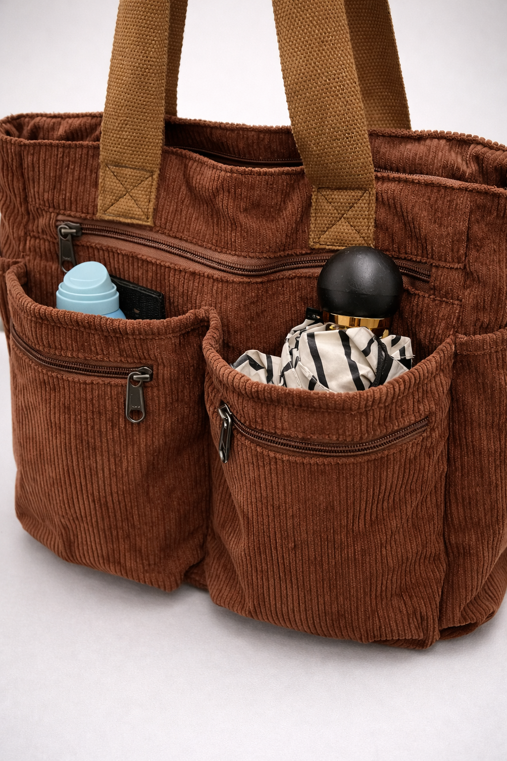 Brown Corduroy Multi-Pocket University Tote Bag – 36×28×14 cm | PERUGIA