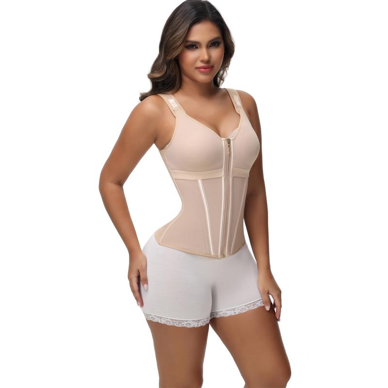 Women's Shapewear Vest with Built-In Underwire Bra – 17 Steel Bones, Zipper and Adjustable Straps
