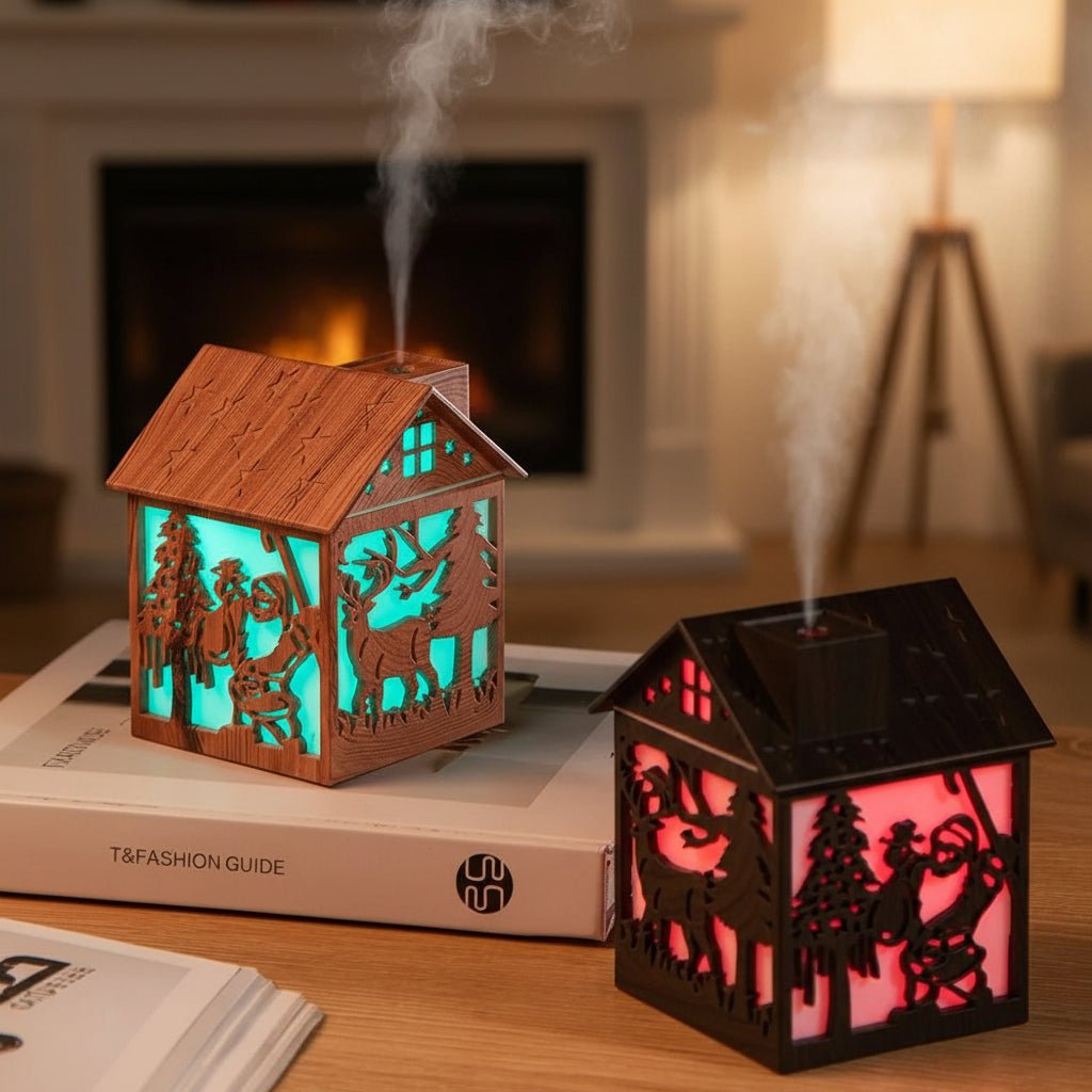 HOUSEGLOW – Wooden House Aroma Diffuser, 240ML Essential Oil Humidifier with Night Light